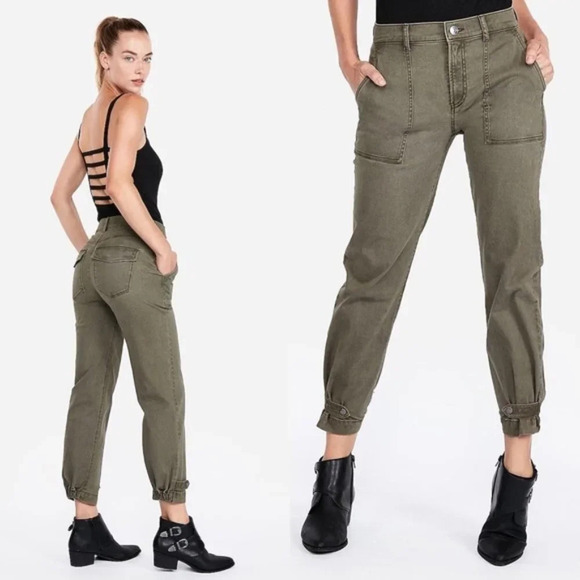 EXPRESS High Waisted Stretch Straight Cropped Cinched Hem Utility Pant in Beige - Picture 4 of 13